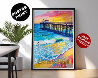 マリブ・サーフライダー・ビーチの額入りポスター：カリフォルニア