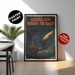 Retro sci-fi poster art, Classic sci-fi print, Science fiction horror wall art, Sci-fi magazine art, Retro science fiction creature poster