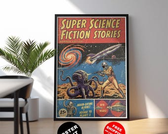 Puede incluir: Una impresión enmarcada de un póster de una portada de cómic de ciencia ficción vintage. La obra de arte presenta un cohete, una figura con traje espacial y una criatura alienígena con tentáculos. El título "SUPER SCIENCE FICTION STORIES" se muestra en la parte superior.