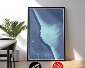 Mavericks, California surf print: Half Moon Bay surf travel poster