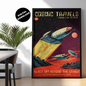 Cosmic Travels vintage science fiction print, Retro sci fi wall art, 1950s style sci-fi magazine art, Retro futurism, Spaceship Illustration