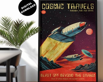 Retro Sci-Fi Spaceship Print: 1950s pulp fiction wall art