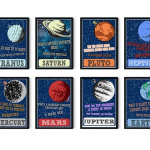 Retro space posters, Solar system planet wall poster set, Outer space art, Space kids room prints, Fun planet posters, Space illustrations