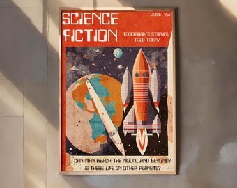 Vintage Sci-fi magazine, Retro magazine art, Science fiction wall art,Retro nostalgic art, Digital download, Home décor, sci fi,Space travel