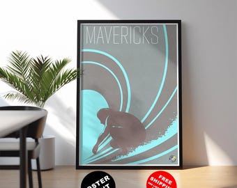Mavericks, California surf travel poster: Half Moon Bay surf wall art