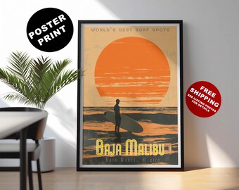 Baja Malibu Surf Poster: Retro Travel Wall Art
