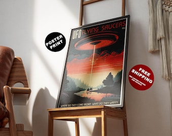 Póster OVNI de ciencia ficción retro: Arte de platillos voladores de los años 80