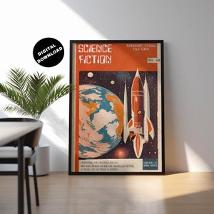 Vintage Sci-fi magazine, Retro magazine art, Science fiction wall art, Retro nostalgia, Digital downloads, Home décor, sci fi, Space travel