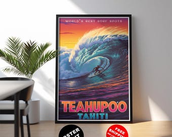 以下が含まれることがあります： 大きな波に乗るサーファーを描いた、額入りのポスタープリント。鮮やかな夕焼けと大きな波、そして「TEAHUPO'O TAHITI」と「WORLD'S BEST SURF SPOTS」の文字が描かれています。ポスターは黒いフレームに入っています。