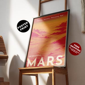 Mars Print, Retro Planet Poster Print, Vintage Space Poster, Apartment Travel Art, Mars Illustration, Travel Poster, Space Travel Wall Art