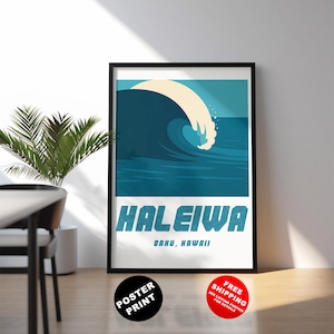 Hawaii surf print – Oahu surf Illustration – Haleiwa surf travel wall art - Hawaii retro surf poster - Oahu wave print - Hawaii travel print