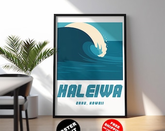 May include: A framed poster print featuring a stylized wave illustration in shades of blue and cream. The poster reads "HALEIWA, OAHU, HAWAII" in a bold, retro font. A black circle with the words "POSTER PRINT" is at the bottom.