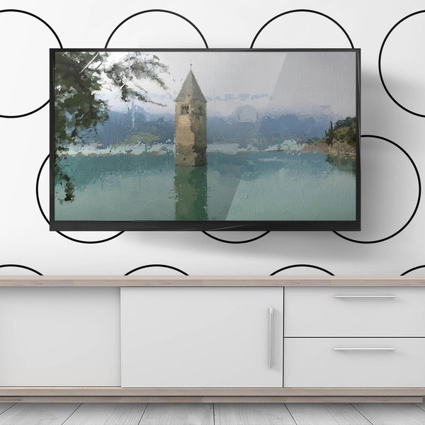 Clock Tower Painting Samsung Frame TV Art,   Landscape Art for Tv, Lake and Mountains with Trees Home Décor Digital Download Autumnal TV Art