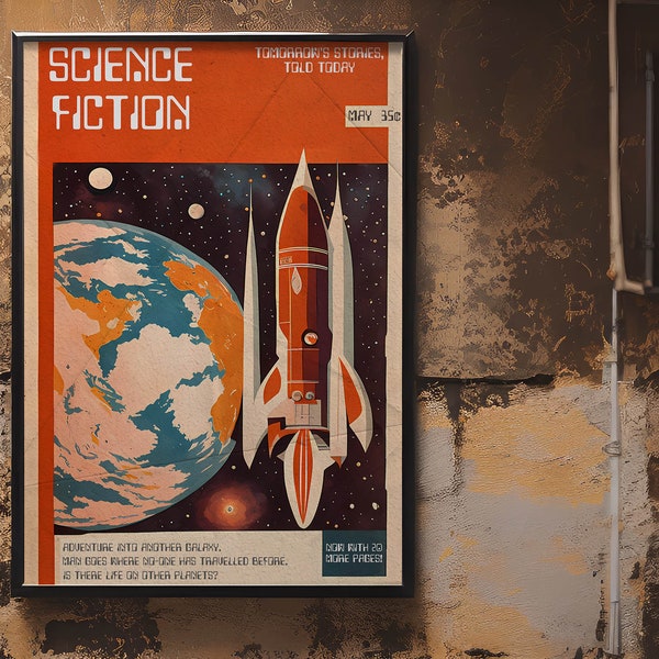 Vintage Sci-fi magazine, Retro magazine art, Science fiction wall art, Retro nostalgia, Digital downloads, Home décor, sci fi, Space travel