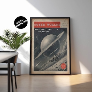 Vintage sci-fi magazine cover, Outer worlds poster, Science fiction wall art,  Retro art,  Digital download, Space artwork, Nostalgic poster