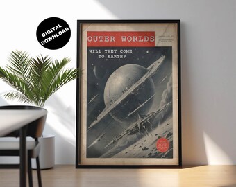 Vintage sci-fi magazine cover, Outer worlds poster, Science fiction wall art,  Retro art,  Digital download, Space artwork, Nostalgic poster