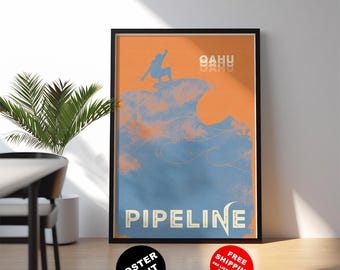 Oahu, Hawaii surf print: Pipeline wave poster - Vibrant surf travel wall art