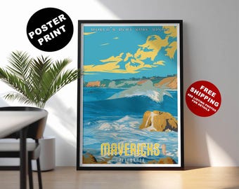 Mavericks Surf Poster: Retro Kalifornien strandkonsttryck