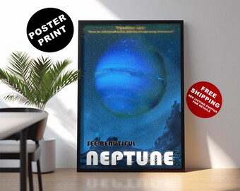 Retro Neptune Travel Poster: Space Illustration Art Print