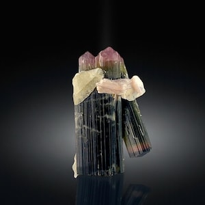 May include: A multi-colored tourmaline crystal cluster. The main crystal is a dark green with vertical striations. The top of the crystal is a gradient of pink and green. Additional light-colored crystals are attached.