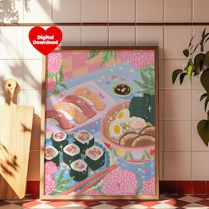 May include: A digital illustration of a plate of sushi, a bowl of ramen, and chopsticks on a pastel blue background with pink flowers and stars.
