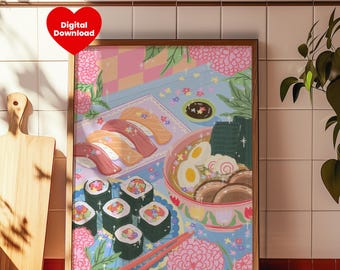 Sushi & Ramen Food Art Print – Cute Japanese Kitchen Decor, Pastel Printable Poster, Kawaii Wall Art, Instant Digital Download
