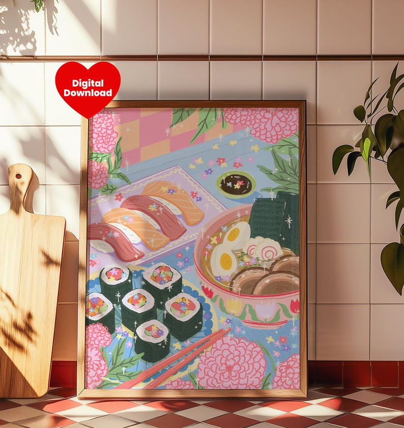 May include: A digital illustration of a plate of sushi, a bowl of ramen, and chopsticks on a pastel blue background with pink flowers and stars.