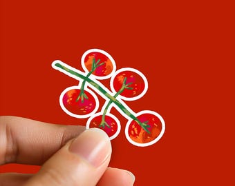 Cherry Tomato Sticker – Glossy Vinyl Vine Fruit Sticker, Waterproof Red Food Art for Journal, Bottle, Laptop, Kitchen Aesthetic Decor