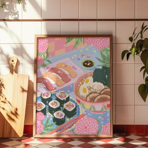May include: A colorful illustration of a plate of sushi, a bowl of ramen, and a plate of maki rolls. The illustration is set against a pastel background with flowers and stars.