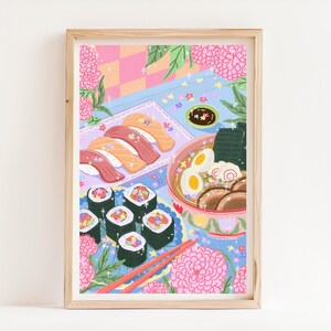 May include: A colorful illustration of a Japanese meal with sushi, ramen, and chopsticks. The food is on a blue and white checkered tablecloth with pink flowers and sparkles.