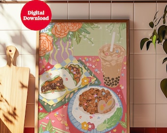 Taiwanese Food Art Print – Bao Buns, Braised Pork Rice & Bubble Tea Digital Wall Art, Cozy Kitchen Printable, Instant Download Decor