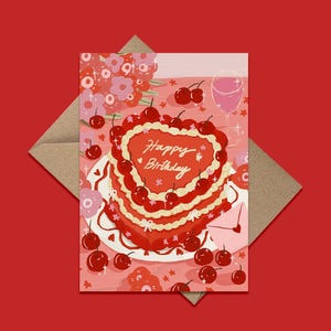 Verjaardagskaart voor beste vriend: illustratie kersentaart, leuke grappige wenskaart, vrouwelijk esthetisch briefpapiercadeau
