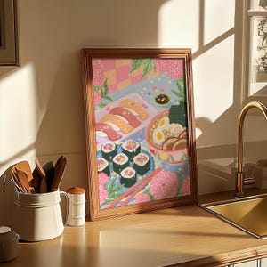May include: A framed illustration of a colorful Japanese meal with sushi, ramen, and flowers. The illustration is in a pastel color palette with pink, blue, and yellow accents.