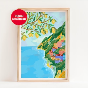 Italienischer Sommer Kunstdruck - Amalfiküste Digitale Wandkunst, druckbares Landschaftsposter A4 A3 8x10 5x7, Küstenküche oder Reisedekor