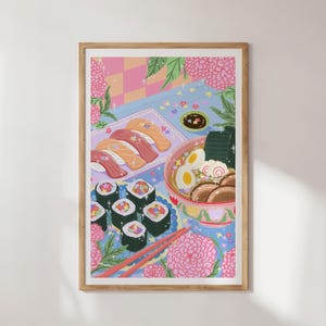 May include: A colorful illustration of a plate of sushi, a bowl of ramen, and chopsticks on a blue table with pink flowers. The sushi is made with salmon and avocado, and the ramen has a clear broth with noodles, eggs, and seaweed.