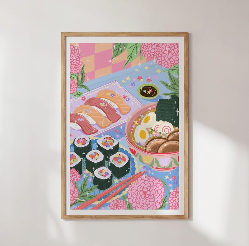 May include: A colorful illustration of a plate of sushi, a bowl of ramen, and chopsticks on a blue table with pink flowers. The sushi is made with salmon and avocado, and the ramen has a clear broth with noodles, eggs, and seaweed.
