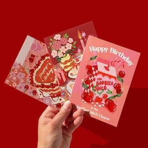 Pacchetto biglietti di auguri di compleanno - Set di biglietti d'auguri divertenti e carini, illustrazione di torta, succo di cattiva stronza, amore per se stessi, regalo di cancelleria estetica