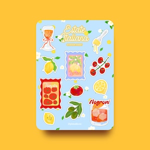 Hoja de pegatinas de verano italiano - Estate Italiana - Pegatinas de comida estética, vinilo decorativo para diario, planificador de limón, tomate y negroni, papelería de regalo