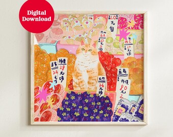 Hong Kong Market Art Print – Cat in Fruit Stalls Digital Illustration, Printable Wall Art for Kitchen, Food Lovers, Cat Lovers, Asia Decor