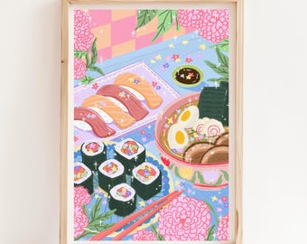 Sushi and Ramen Art Print – Japanese Food Wall Art, Cozy Kitchen Printable, Cute Ramen and Sushi Illustration for Food Lovers