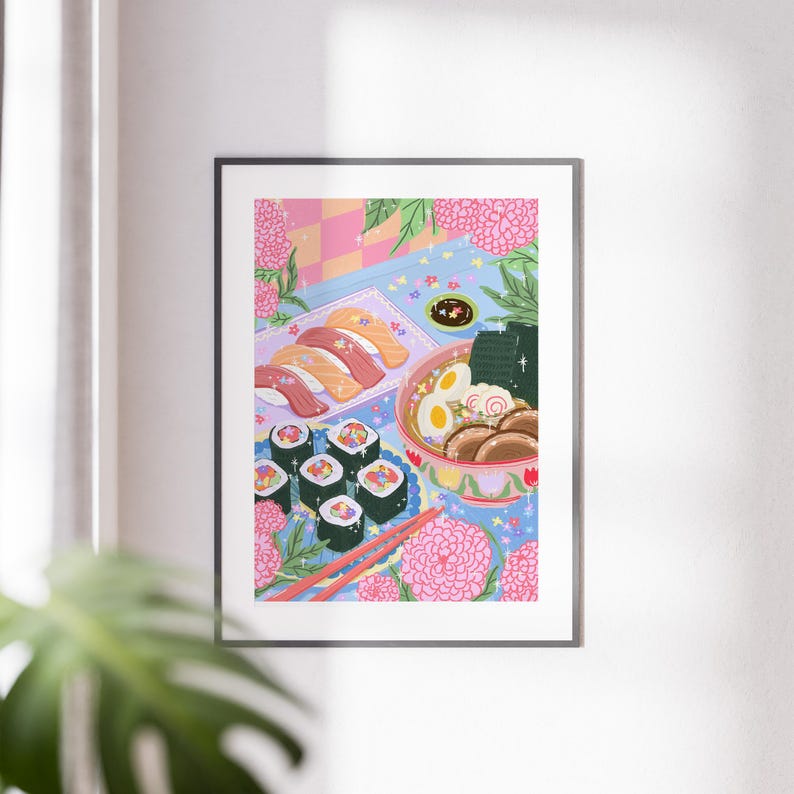 May include: A colorful illustration of a plate of sushi, a bowl of ramen, and chopsticks on a blue and pink floral tablecloth. The sushi is arranged in a row and includes salmon, tuna, and yellowtail. The ramen is topped with a soft-boiled egg, seaweed, and pork.