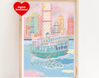 Hong Kong Cityscape Digital Art Print – Pastel Travel Wall Art, Victoria Harbour Poster, Star Ferry Illustration, Instant Download Decor