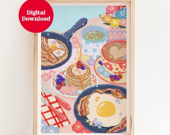 Brunch Time Art Print – Digital Breakfast Wall Art, Pancakes & Coffee Printable Decor, Cozy Kitchen Poster, Instant Download Illustration