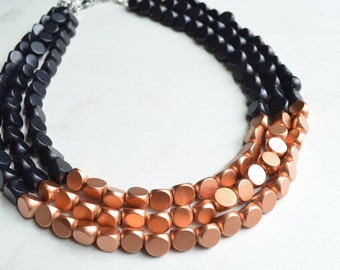 Black Copper Statement Necklace, Beaded Wood Necklace, Necklace for Women - Lisa