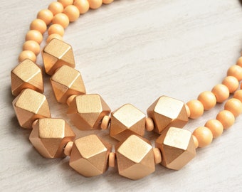 Yellow Gold Statement Necklace, Beaded Wood Necklace, Chunky Multi Strand, Gift For Woman - Riley