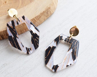 Black White Acrylic Statement Earrings,  Big Lucite Earrings, Lightweight Large Earrings Gift For Her - Mia