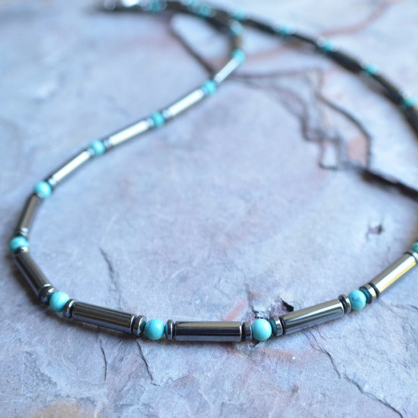 Mens Turquoise Necklace, Hematite Man Necklace, Mens Jewelry, Stone Necklace, Gift For Him - Cody