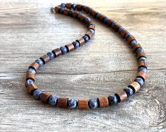 Lange Herren-Halskette aus blauem und braunem Holz mit Sodalith-Edelsteinperlen - Terrance