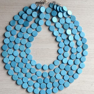 turquoise blue wood multi strand chunky coin shaped bead 5 strand necklace with lobster claw clasp and extender chain