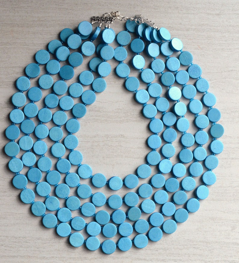 turquoise blue wood multi strand chunky coin shaped bead 5 strand necklace with lobster claw clasp and extender chain